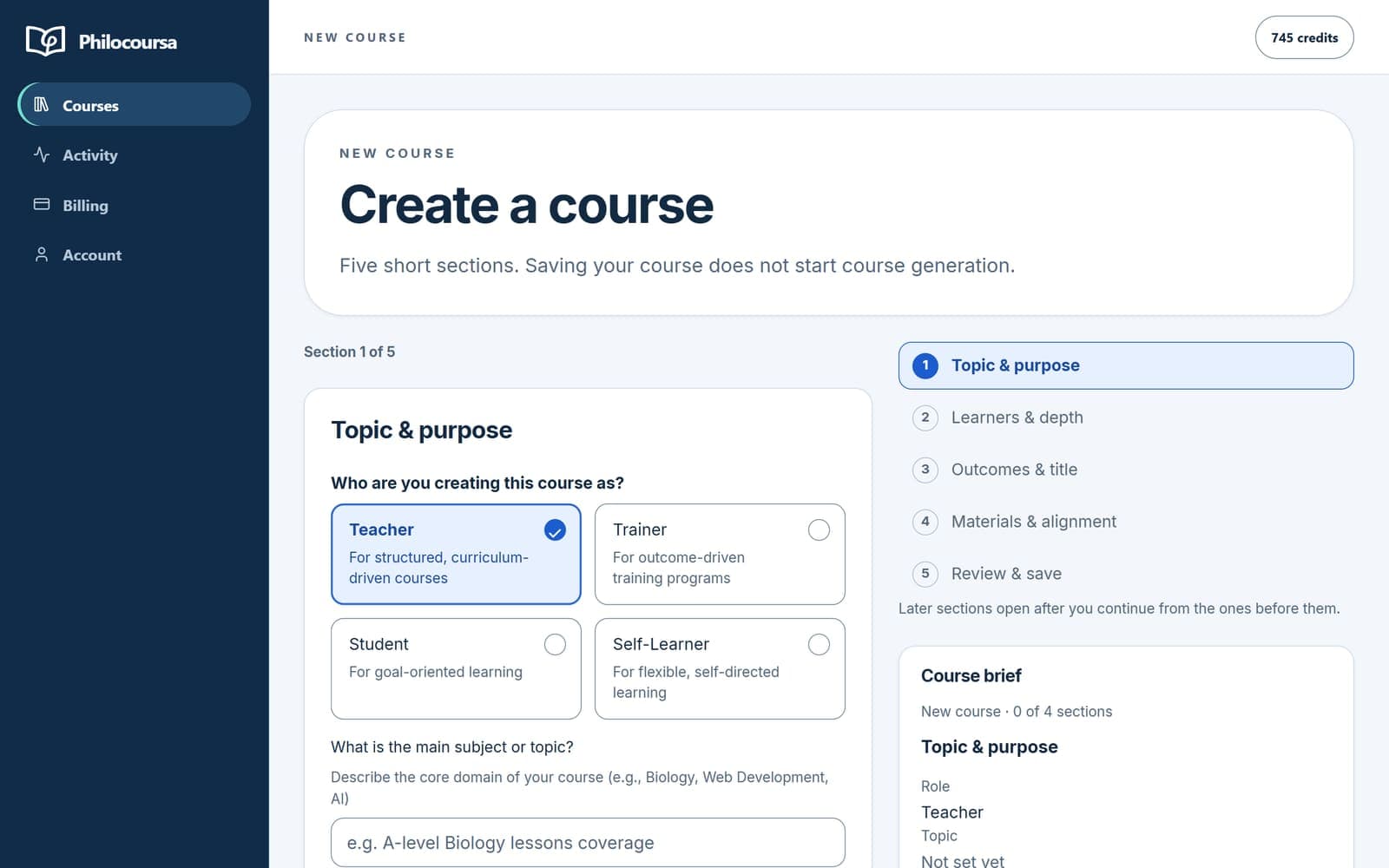 The Create a course screen: Topic and purpose, with Teacher, Trainer, Student and Self-learner.