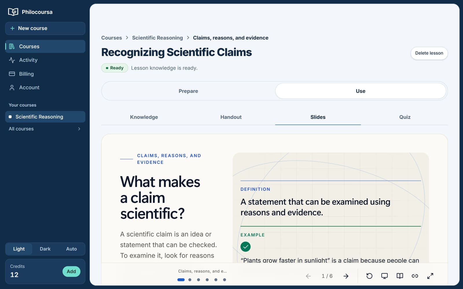 A lesson page in the app, Recognizing Scientific Claims, open on its slides: What makes a claim scientific?