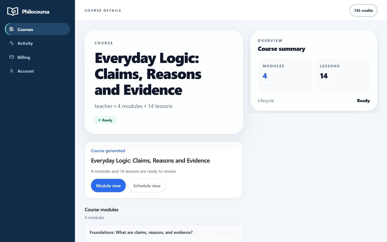 The course page of Everyday Logic: Claims, Reasons and Evidence, with 4 modules and 14 lessons, marked Ready.