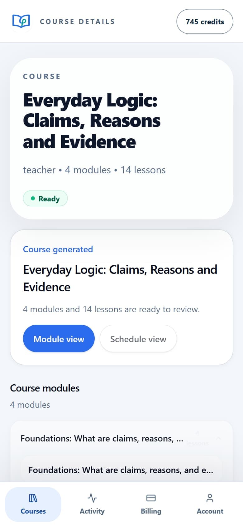 The course page of Everyday Logic: Claims, Reasons and Evidence, with 4 modules and 14 lessons, marked Ready.